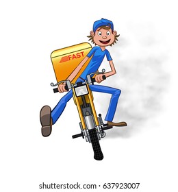Young man working the fast delivery. Riding on yellow motorbike for carries rush order. Fast delivery concept. Front view cartoon style. Vector illustration