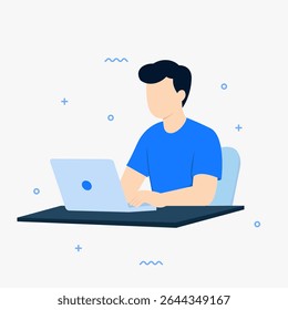 Young man working Flat vector illustration. Young man sits at a desk with a laptop. Good for business, Presentation and corporate design projects.