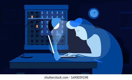 Young man working hard on his laptop at home late night. Cartoon character, Flat design. Freelance, telework, remote job, home office. Blue template. Editable Eps Vector Illustration