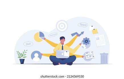 young man working hard with six arms with calendar background. vector illustration