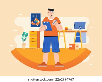 Young man working at her desk at home with tablet at her desk and testing app ui and ux on Vector illustration of freelancer designer