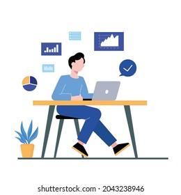 un joven está trabajando en su escritorio con una computadora. Interior de oficina moderno con iconos de proceso de trabajo en el fondo. Ilustración vectorial.