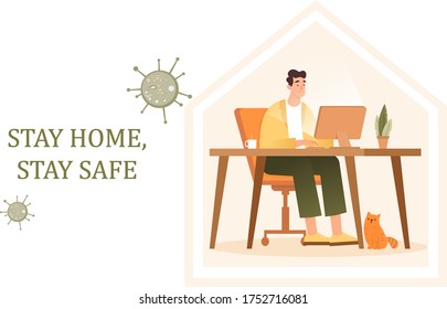 Young man working at his home office during coronavirus or COVID-19 pandemic. Self isolation, remote or freelance work and quarantine concept. Stay home stay safe, vector illustration 