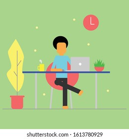 young man is working with his laptop