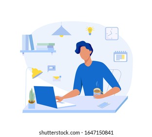 Young man working at his laptop. Home Office interior. Freelance concept. Vector illustration in flat style