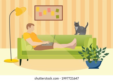 Young Man is working with his laptop on the couch. Suitable for programmers, student, internet marketer, freelancer. Concept stay at home for prevention from corona virus. For sites, articles, posters