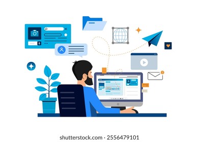 Young man working at his laptop. Modern flat concept. The man works in the program, with the layout of the site, places images and other graphic elements, optimizes the code of the page.