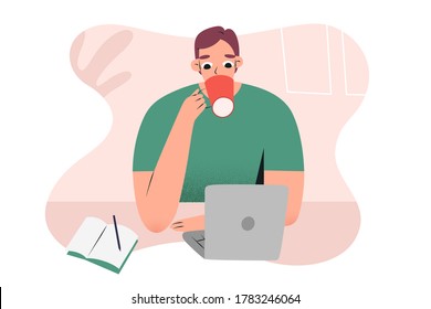 Young man working from home or cafe with notebook, laptop, drinking his coffee, making notes, caucasian guy character, vector illustration, concept of freelance job