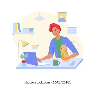 Young man working at home with cat at his laptop. Home Office interior. Freelancer man concept. Vector illustration in flat style