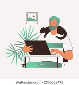 Young man working home. Cat on his neck. Cartoon vector illustration. Workspace with laptop and houseplant. 