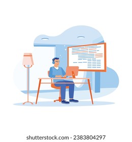 Young man working from home. Developing software programming code using a computer laptop. Software developers concept.  trend modern vector flat illustration