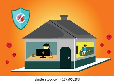 Young man working from home during Covid-19. All stay at home. Self-isolate from a pandemic.
