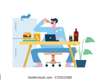 Young Man Working At Home And Eating A Lot Of Junk Food. Coronavirus Or Covid-19 Quarantine. Flat Design Vector Illustration