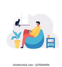 Joven trabajando en casa. Autónomo.  Trabajador remoto. Hogar. Ilustraciones concepto coronavirus COVID-19.