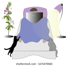 Young man is working at home in his laptop during coronavirus pandemic. He is lying in his bed under the blanket. His cats are nearby.