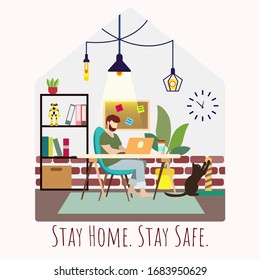 Young Man working from home. Homeoffice. Stay home awareness social media campaign and coronavirus prevention. Self quarantine.Stop corona virus from spreading. Trendy flat cozy illustration.