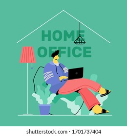 Young man working home. Male character sits in the chair with laptop and works. Freelance, self-employed and self-isolation usage.