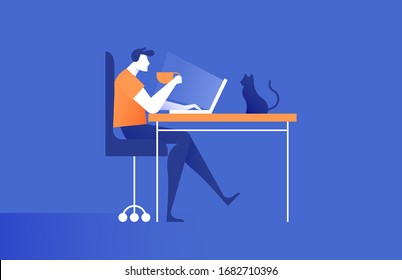 Young man working from home office with laptop computer and pet cat at desk. Modern freelance worker or remote online business concept in trendy flat gradient cartoon style.