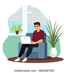 Young man working at home or office. Guy sitting in armchair with computer. Inside activities vector illustration. Remote workplace for freelance, modern trendy lifestyle space.