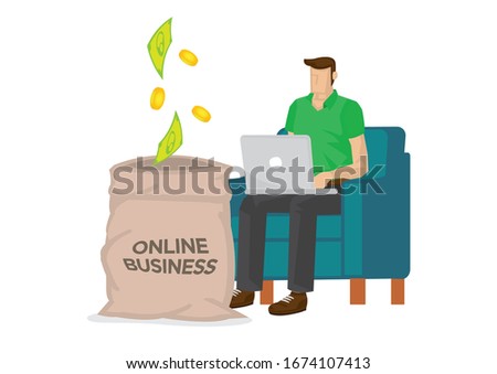 Young man working at home office with money coming into a giant sack. Concept of online merchant, entrepreneurs or passive income earner. Flat isolated vector cartoon illustration.