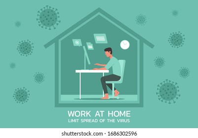 young man at working at home on laptops computers, online working to limit spread of the coronavirus concept, flat vector illustration