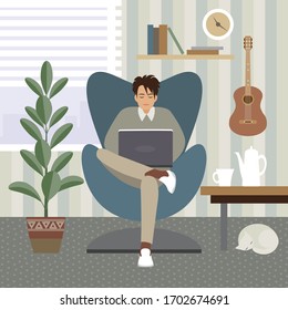 young man working at home on a laptop. room interior in gray-blue tones. Indoor plants, cat and a table with a coffee pot. flat illustration in cartoon style. stock vector illustration. EPS 10