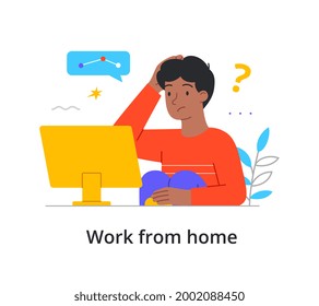 Young man working from home on a computer trying to solve a problem with chat box and question mark, colored minimal style flat cartoon vector illustration with text below