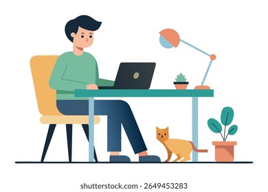 Young Man Working from Home on Laptop, Minimalist Flat Design, Calm Mood