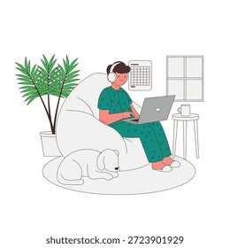 Hombre joven que trabaja desde casa en un bolso del frijol con su ordenador portátil y perro del animal doméstico, trabajo remoto acogedor y concepto del estilo de vida del freelancer, Ilustración vectorial plana en una oficina casera moderna