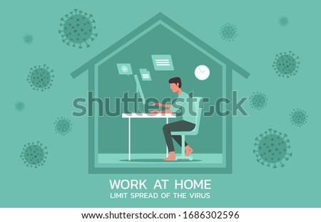 young man at working at home on laptops computers, online working to limit spread of the coronavirus concept, flat vector illustration