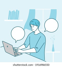 Young man working from home, student or freelancer. Home office concept. Hand draw style. Vector illustration.