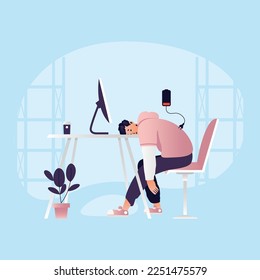Young man working at home. Tired and burn out freelancer, remote work concept. Vector illustration in flat style