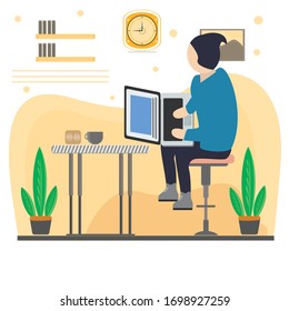 Young man working at home vector concept illustration. Man character working from home with laptop sitting in chair and access information. Vector flat design illustration. Square layout