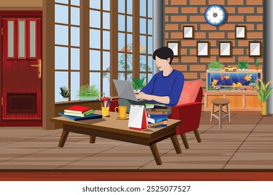Ein junger Mann arbeitet zu Hause.vector design