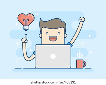 Young Man Working With Idea And Passion. Business Concept Illustration