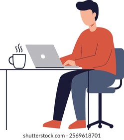 A young man is working with a laptop and coffee in the office, and a flat vector illustration is an isolated transparent background.