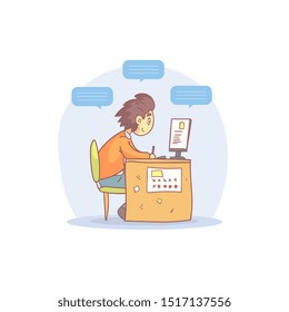 Young Man Working with Laptop Computer with Speech Bubbles Cartoon Vector Illustration