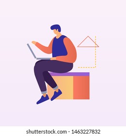 Joven trabajando en una laptop. El concepto de tecnología digital moderna. Ilustración vectorial.