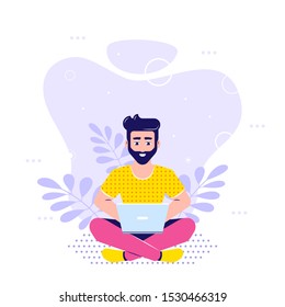 Young man working with laptop. Flat style illustration on cheerful character uses mobile device.