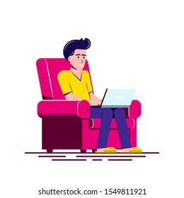 Young man working with laptop. Flat style illustration on cheerful character uses mobile device.