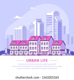 Young man working with laptop. Flat style illustration on cheerful character uses mobile device.