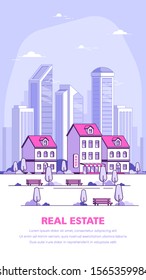 Young man working with laptop. Flat style illustration on cheerful character uses mobile device.