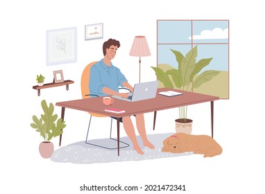 Young man working with laptop in his modern home office. Cute dog lying on the carpet and waiting for a walk