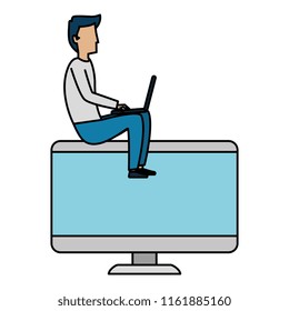 young man working with laptop and monitor
