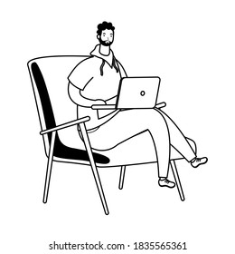 joven trabajando en un portátil sentado en el diseño de ilustración vectorial del sofá