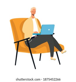 young man working in laptop seated in sofa vector illustration design
