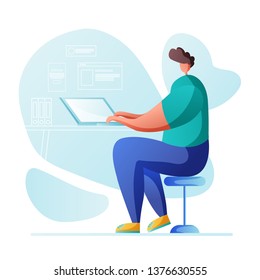 Young man is working at laptop and sitting in office or cafe. Businessman working on computer chatting in social networking and texting to friends. Vector illustration.