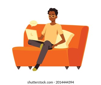 Young man working at laptop sitting on armchair, flat vector illustration isolated on white background. Character for online communication and remote work concept.