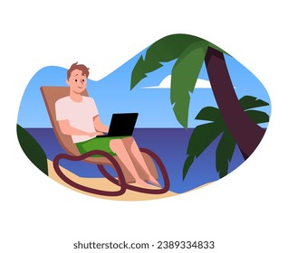Joven trabajando en una laptop y sentado en una mecedora a orillas del mar. Concepto de trabajo independiente y remoto. Lugar de trabajo en la playa. Ilustración vectorial plana sobre el fondo del paisaje tropical.