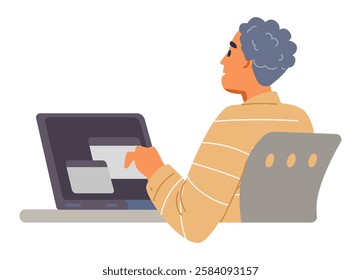 Young man working at laptop sitting back flat vector illustration isolated on white waist-high.